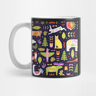 Brightly colored festive Canadian wildlife on a dark background Mug